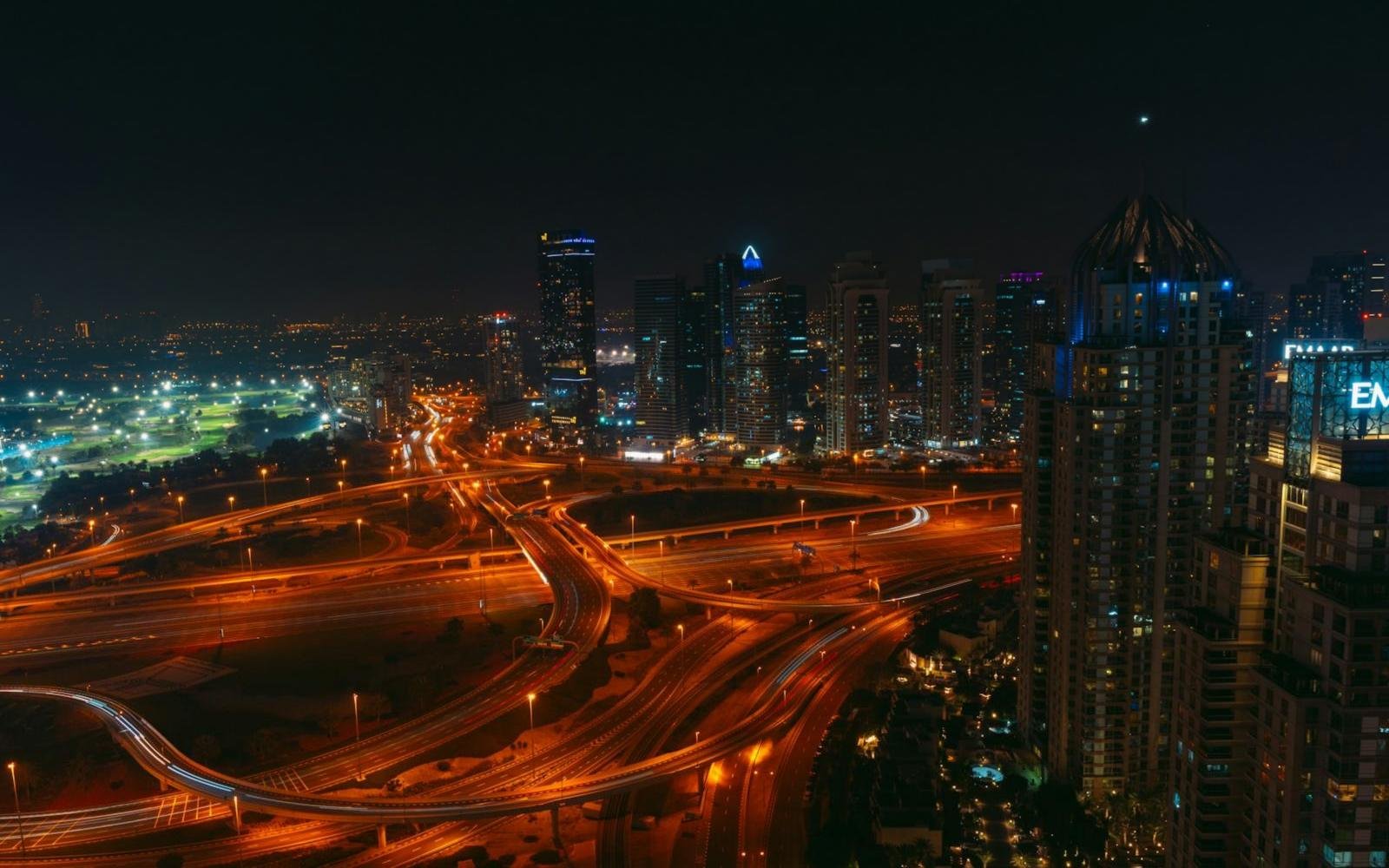 Dubai highway interchange at night
