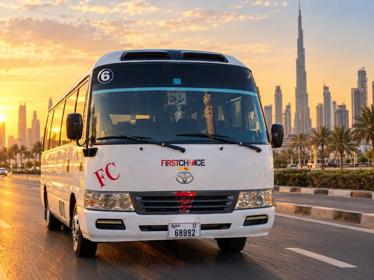 First Choice bus at sunrise on the road to Jebel Ali