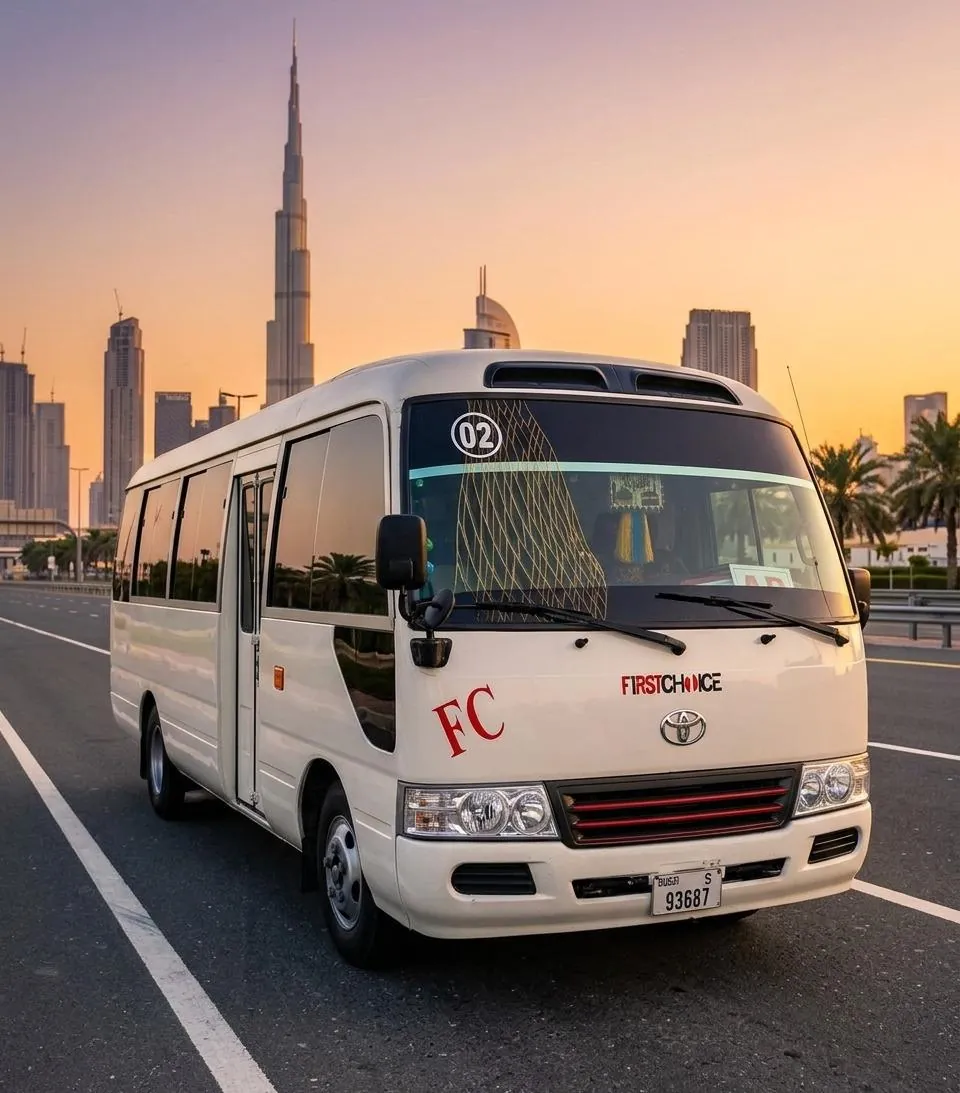 First Choice Coaster bus in Downtown Dubai with the Burj Khalifa