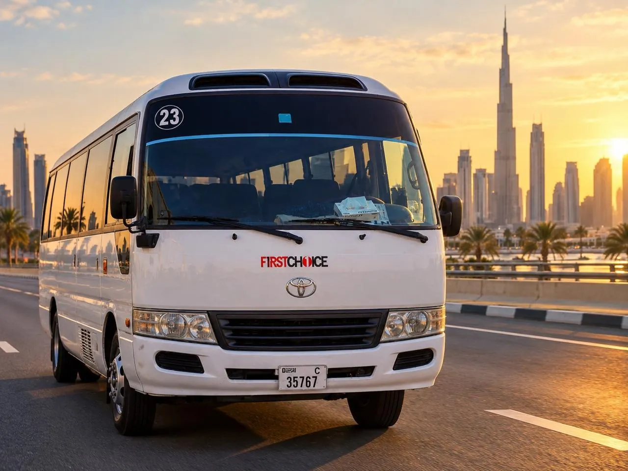 First Choice Coaster bus parked on a Dubai road
