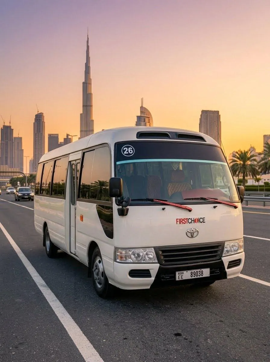 First Choice Coaster bus on a UAE highway